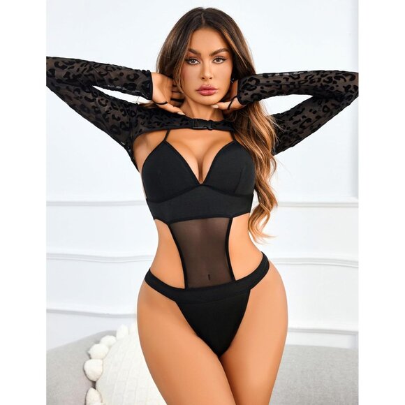 Women Leopard Festival Sexy Lingerie Bodysuit Buckle Shrug Crop Top Set Outfits - Picture 3 of 7